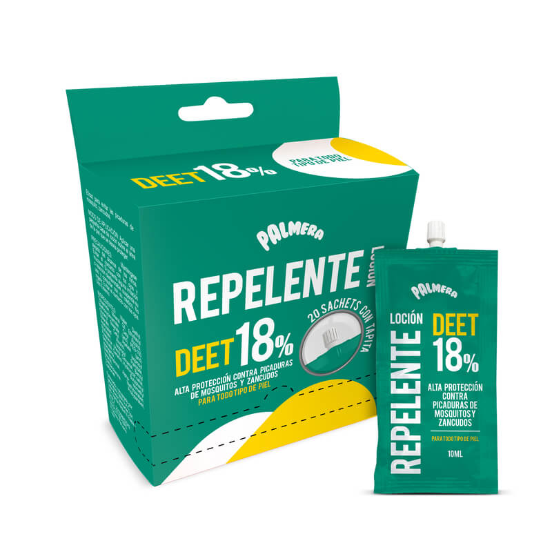Repelente de mosquitos en loción DEET 18% PALMERA sachet de 10 ml con tapa caja x 20 unidades
